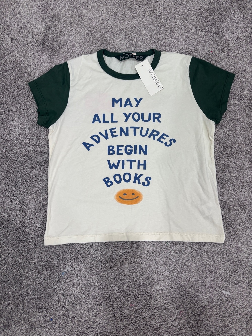 MOTHER White Tee with Dark Green Trim and Blue Graphic - Picture 2 of 8